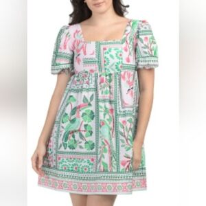 NWT CELINA MOON Puff Sleeve Tile Print Mini Dress Tropical Parrot